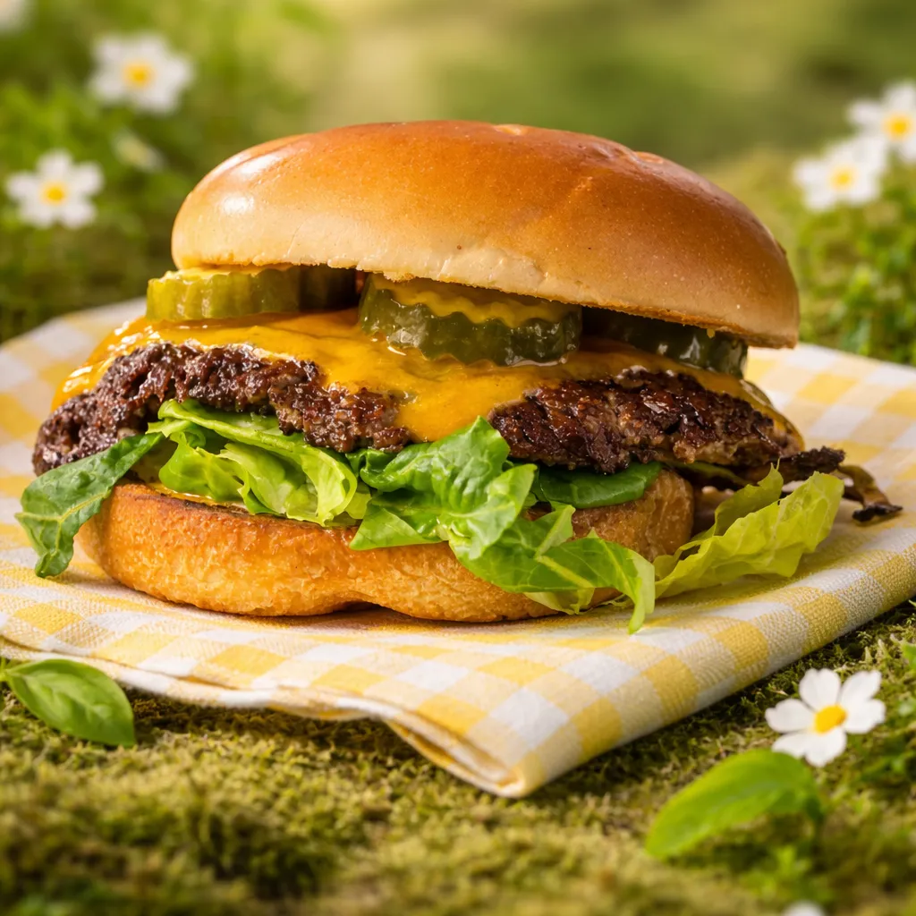 Cheeseburger with pickles and lettuce on a checkered napkin