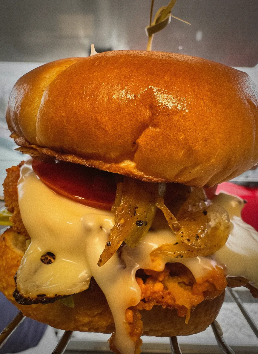 Burger and fries with sauce on a red tray
